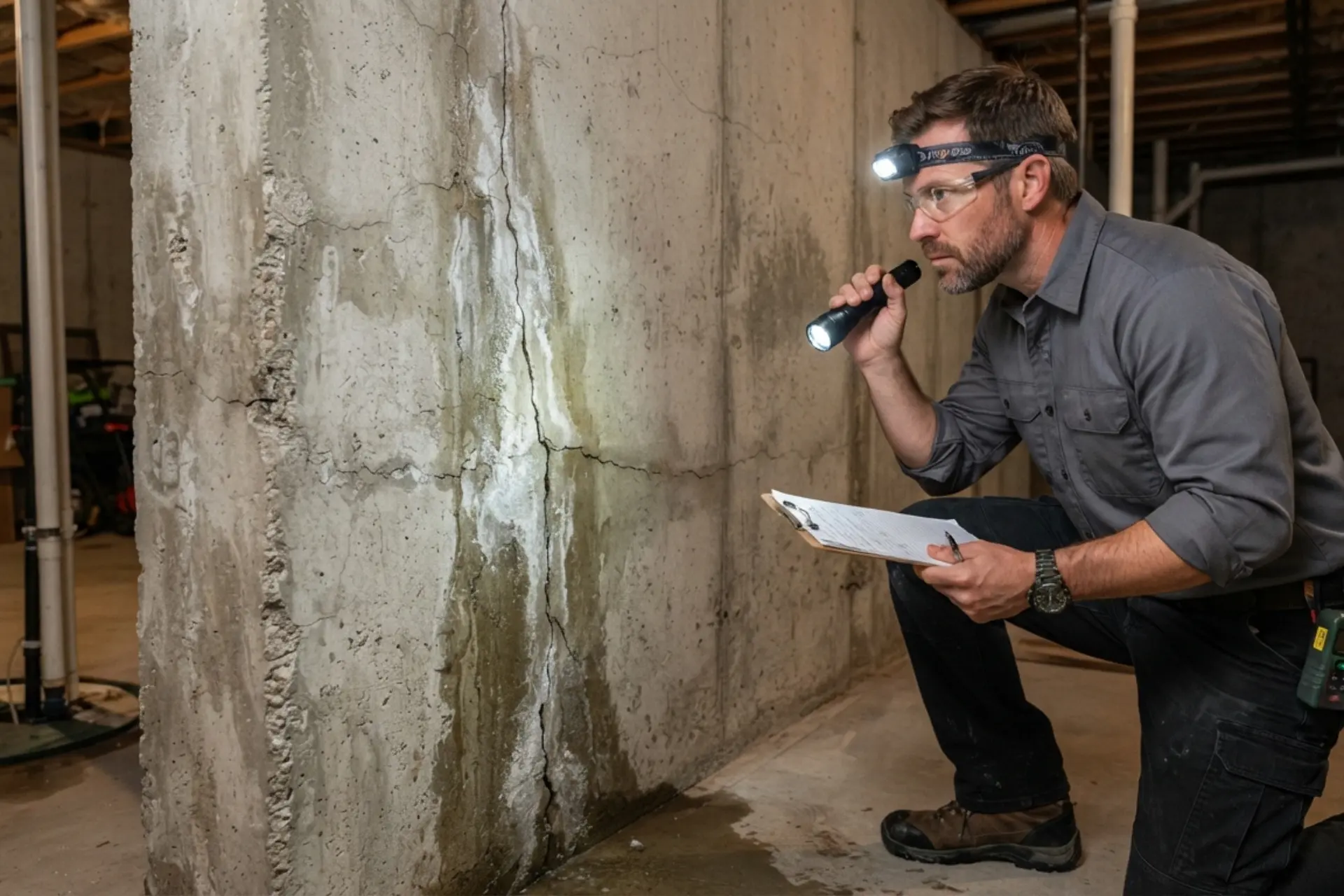 Contractor inspecting a basement wall for waterproofing and drainage repairs