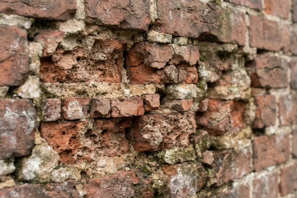 Spalled exterior bricks with flaking surfaces requiring masonry repair