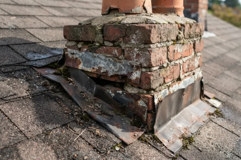 Damaged metal flashing around a brick chimney causing a roof leak