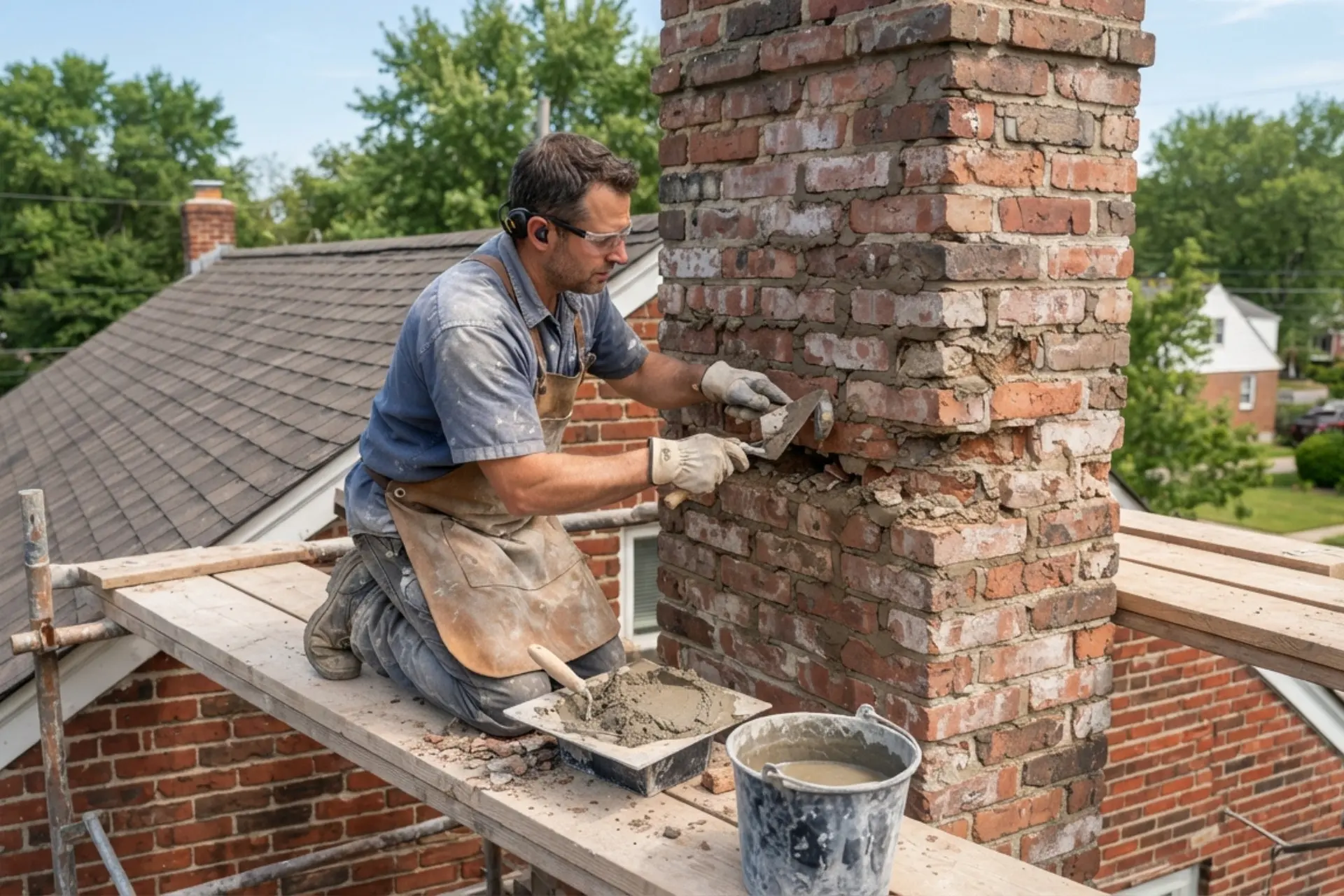 Masonry contractor repointing deteriorated mortar joints on a brick chimney