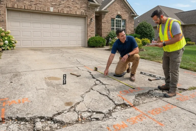 Contractor repairing cracks in a residential concrete driveway
