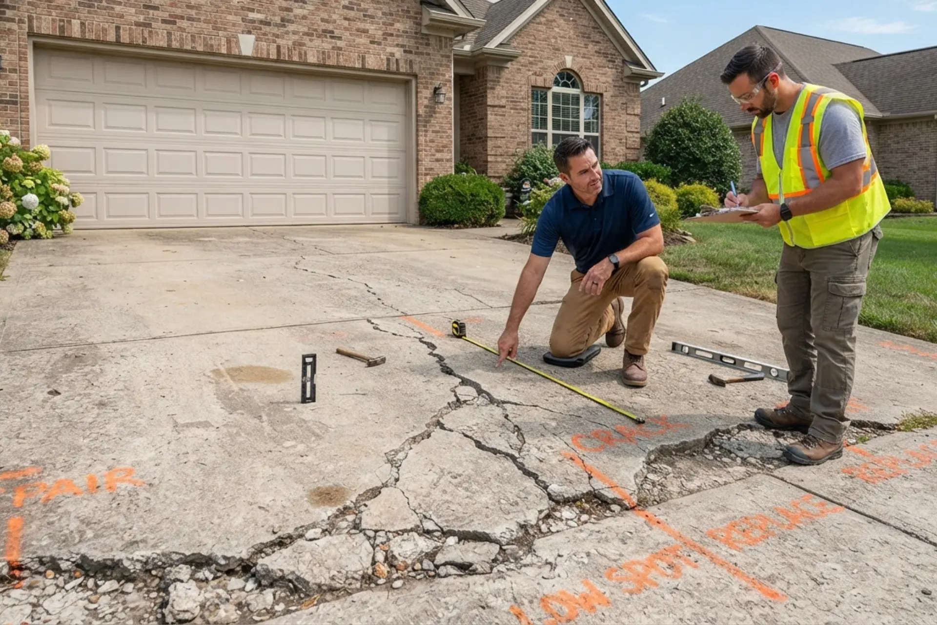 Contractor repairing cracks in a residential concrete driveway