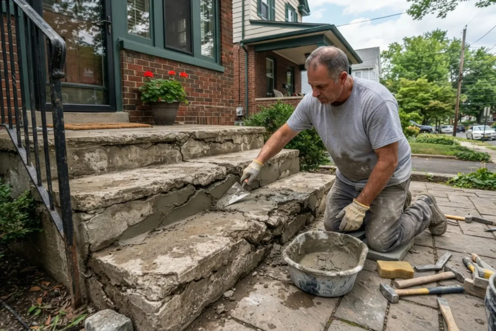 Masonry contractor repairing a cracked concrete front stoop