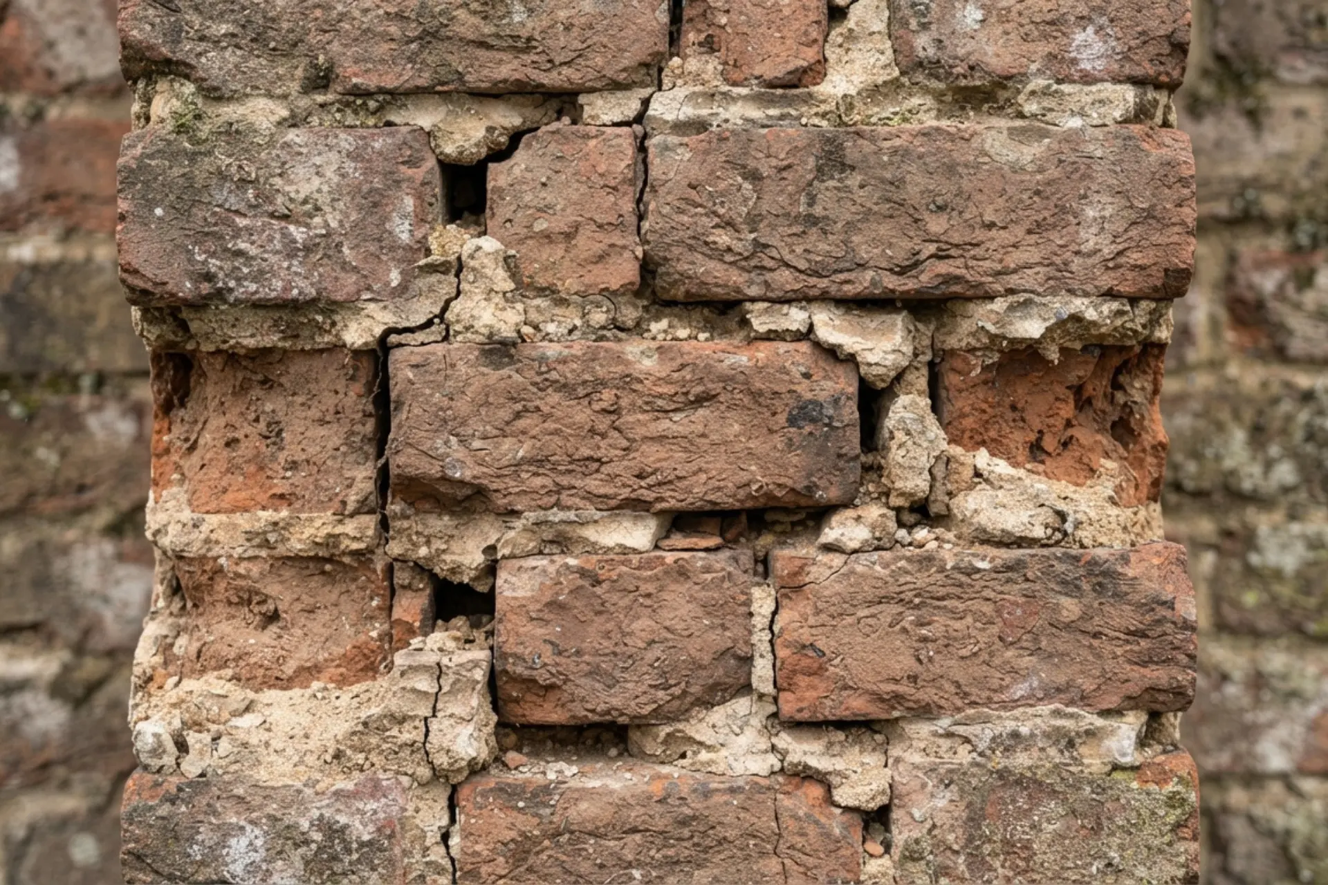 Crumbling and missing mortar joints between exterior bricks