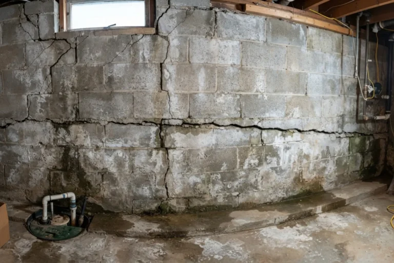 Horizontal and vertical cracks visible in a concrete basement foundation wall
