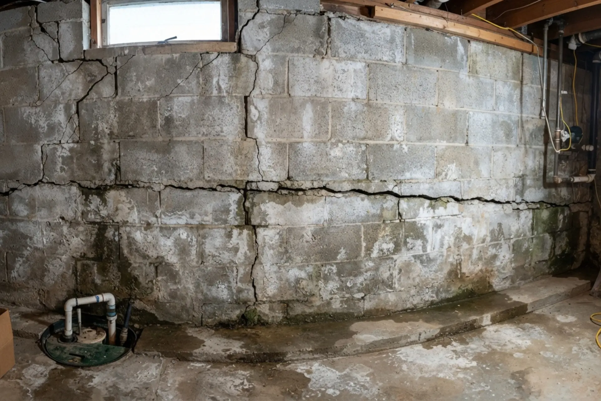 Horizontal and vertical cracks visible in a concrete basement foundation wall