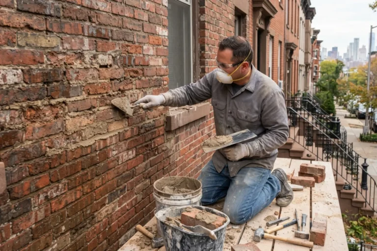Masonry contractor repairing damaged brick and mortar joints in New York and New Jersey