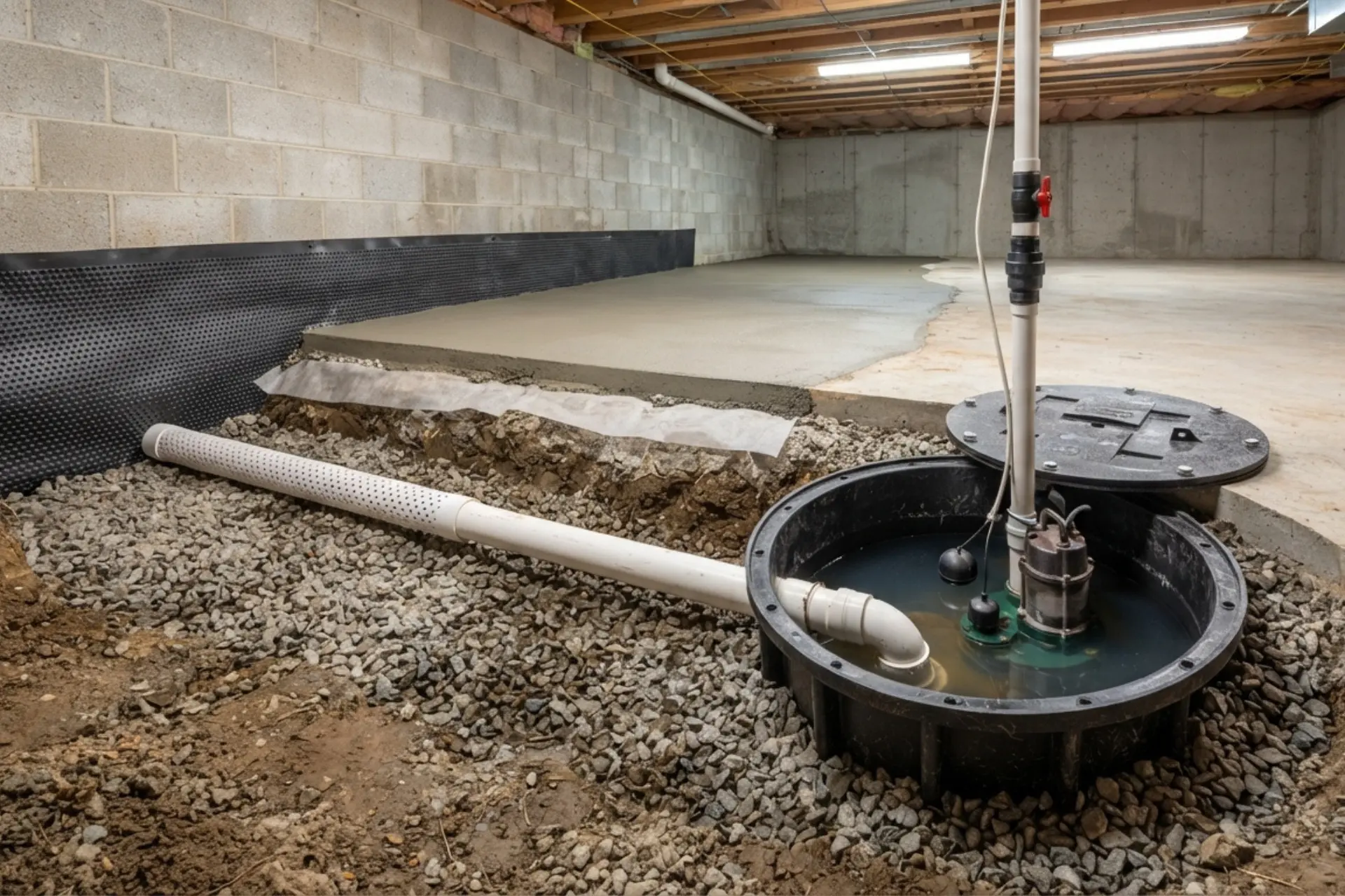 Interior French drain connected to a basement sump pump system