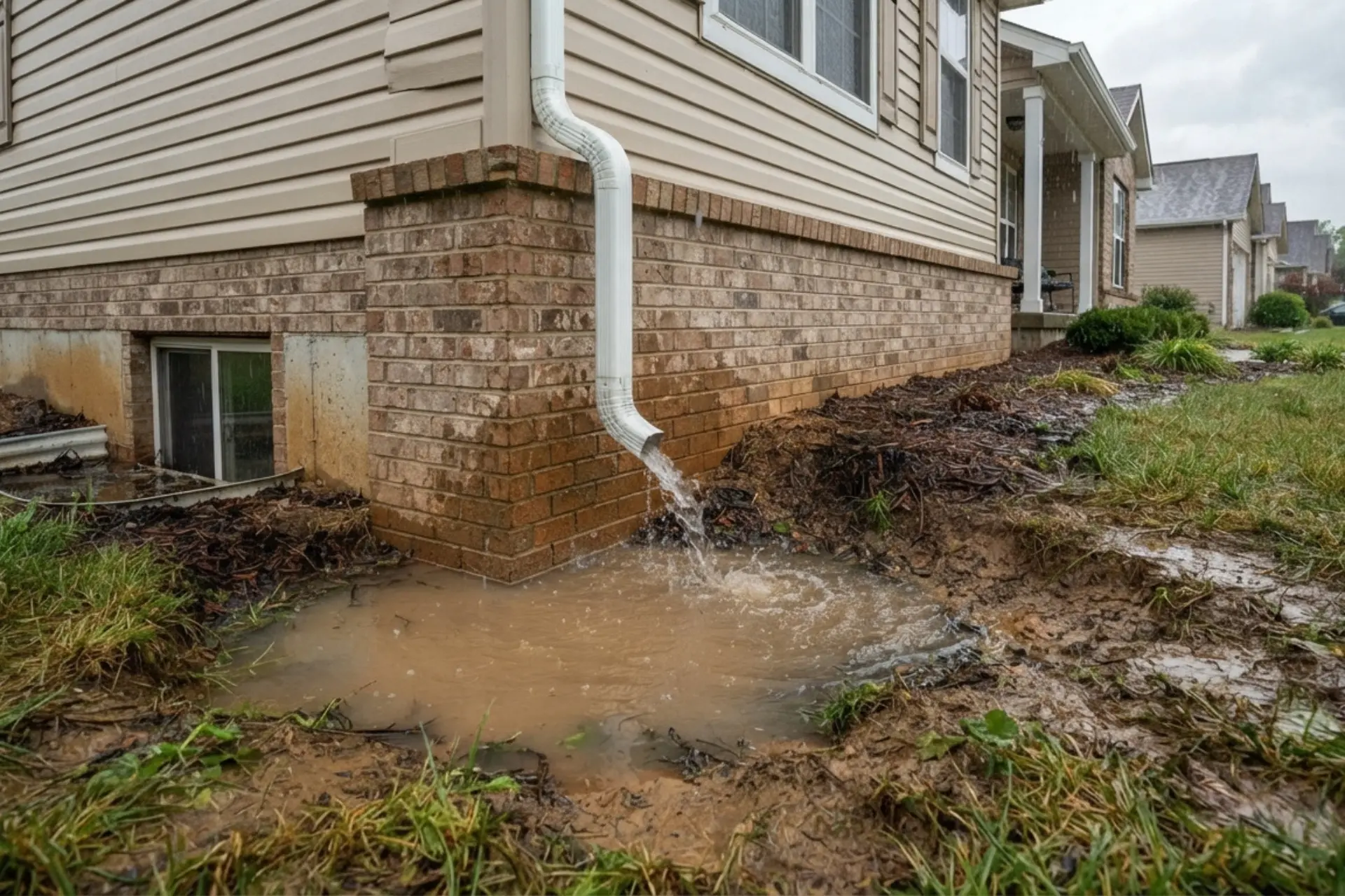 Rainwater pooling beside a residential foundation due to poor drainage