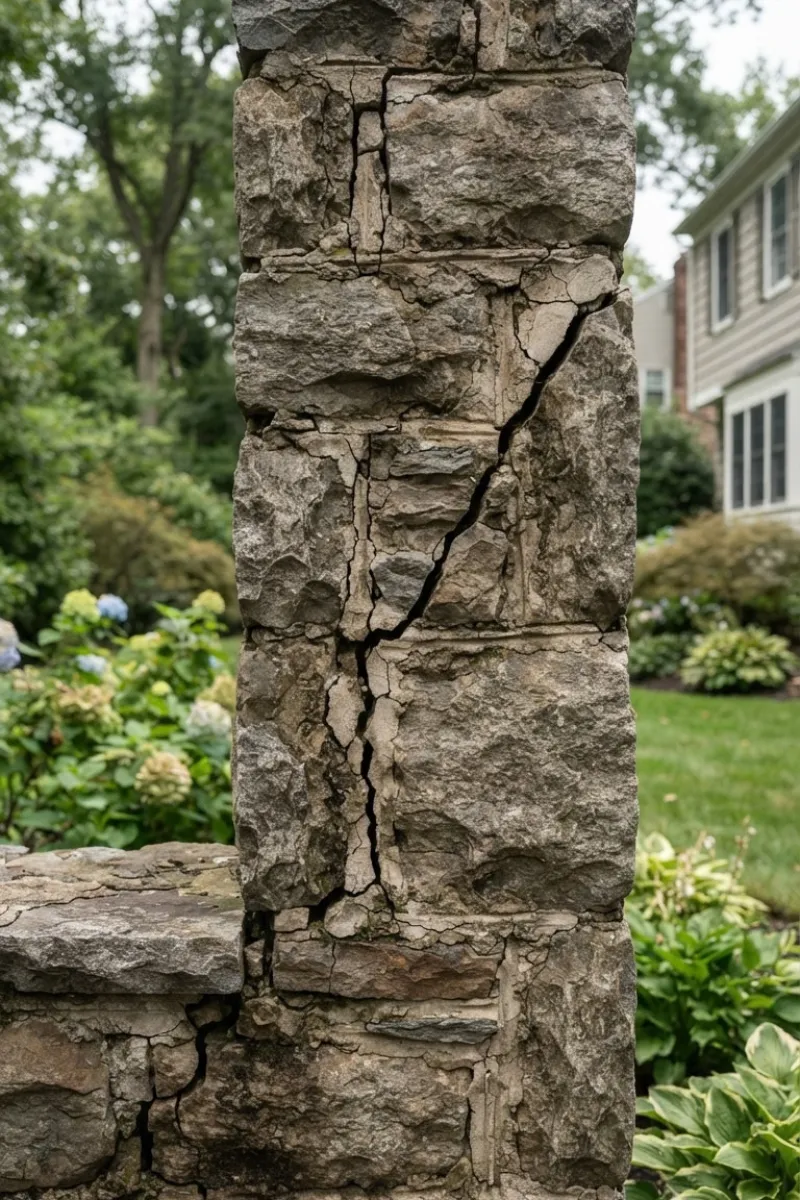 Residential Retaining Wall with visible Vertical and Diagonal Cracks