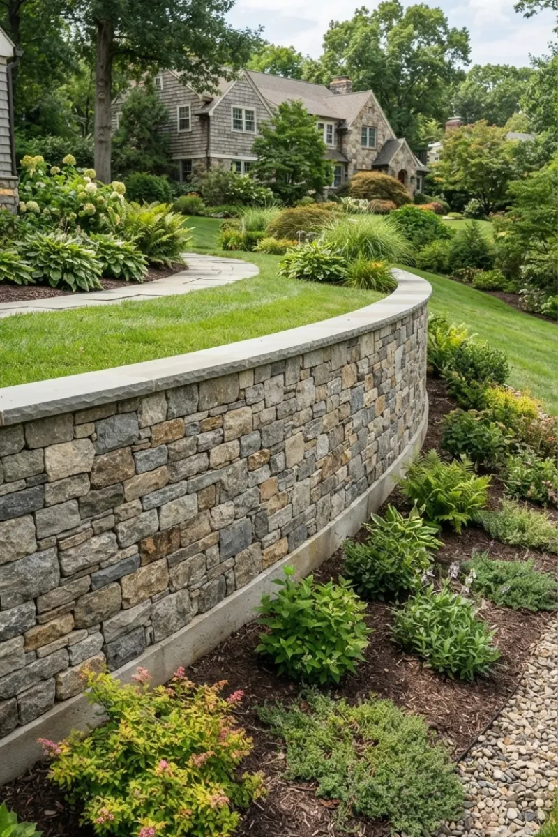 natural stone retaining wall supporting a landscaped residential yard in New Jersey