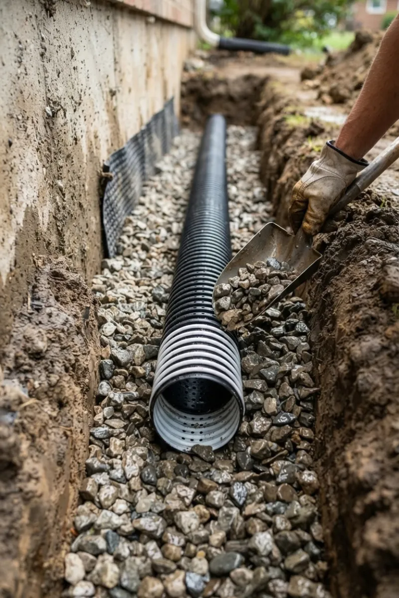 Drainage Aggregate around a perforated French drain pipe